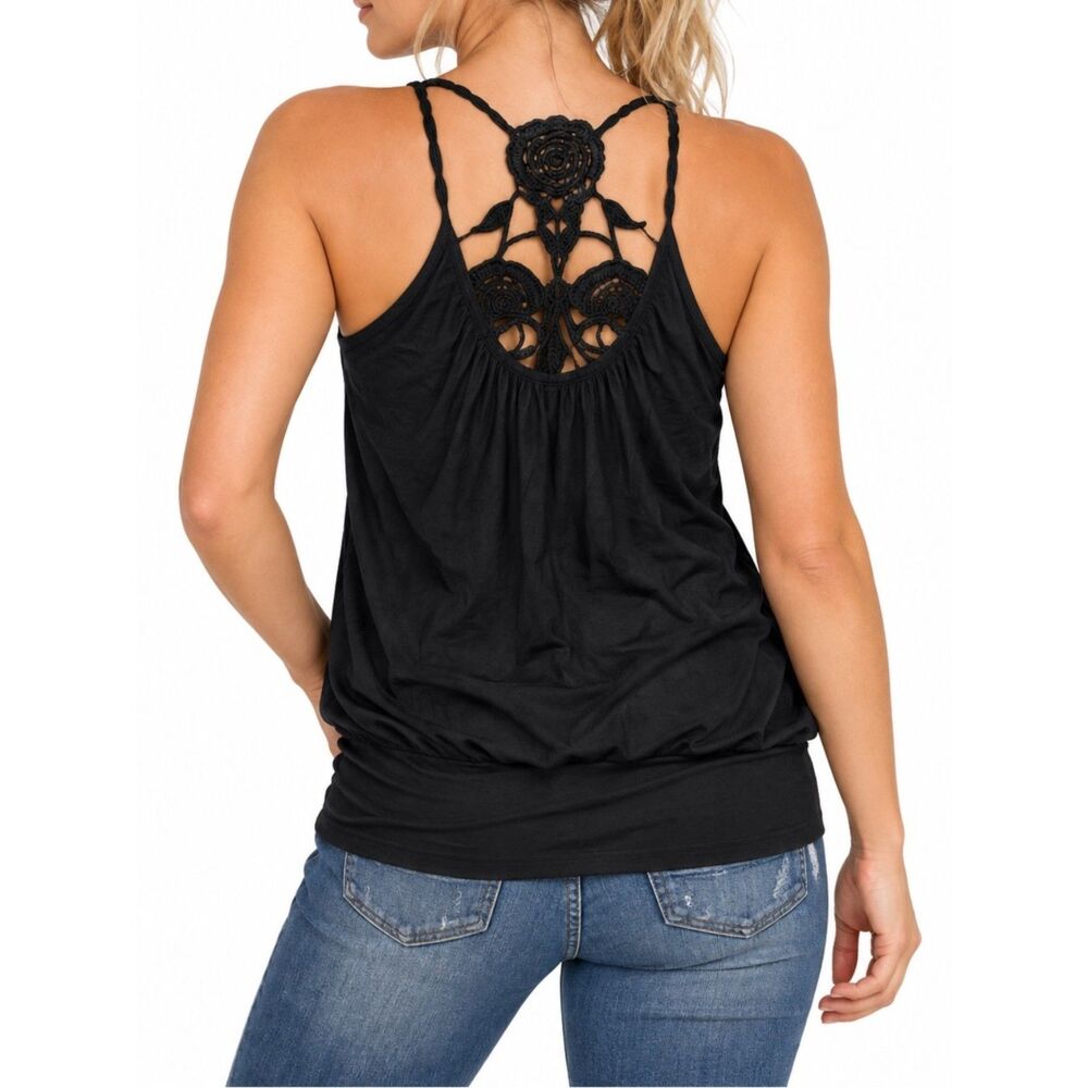 Solemio Women’s Black Tank Top with Crochet Rose Back | Size Medium